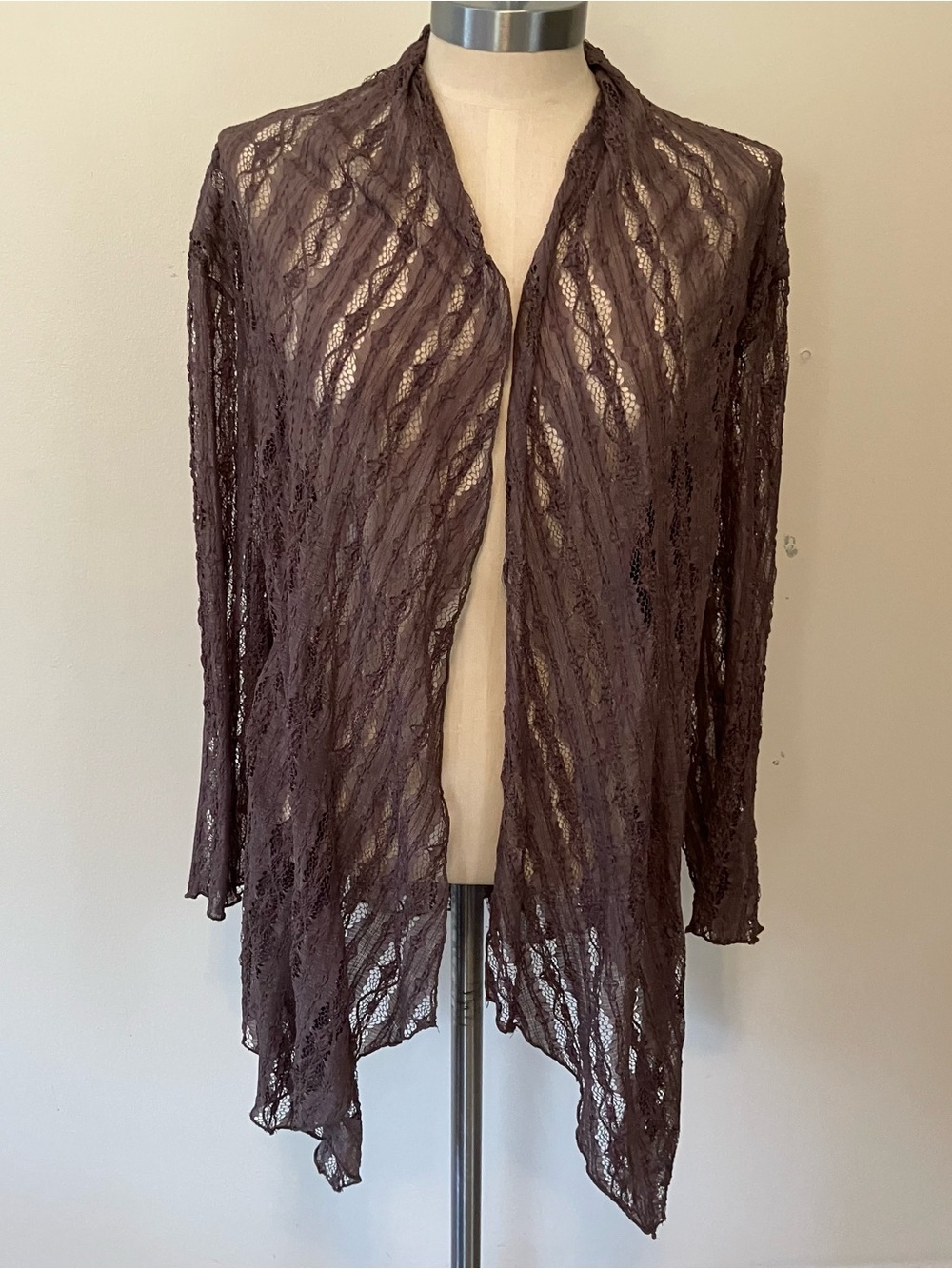Women’s Sheer L Brown Lace Open Cardigan Y2K Forest Fairy Grunge Stretchy